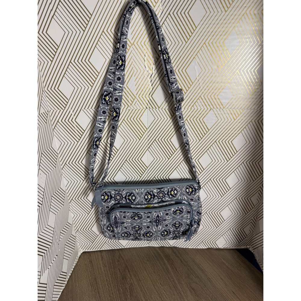 Vera Bradley Crossbody Bag Grey Blue Floral Quilted Cotton Adjustable Strap